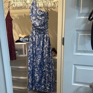 Elegant Blue Floral One-Shoulder Dress